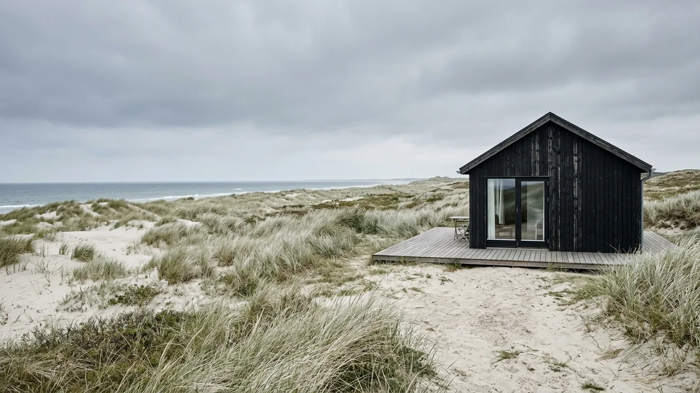 Small black timber summer house with a pitched roof and a deck, set among sand dunes and marram grass under a grey sky