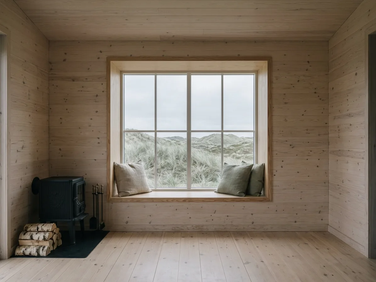Pine-lined interior with a deep window seat framing the dunes, a wood stove and wide plank floor